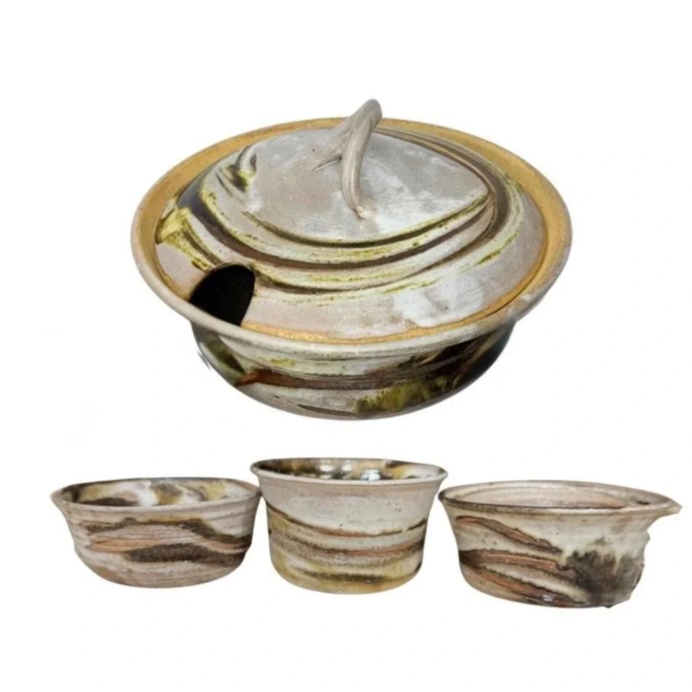 Vintage Studio Pottery Soup Tureen w Lid + 3 Bowls Hand Thrown‎ Stoneware